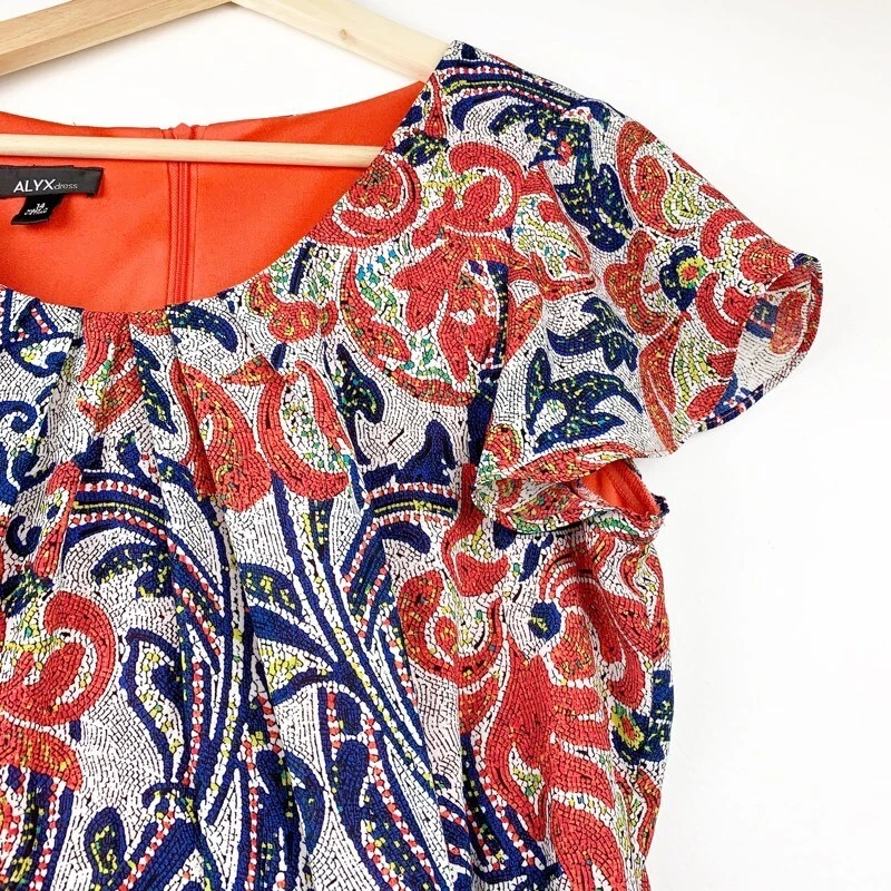 Abito tubino donna Alyx blu floreale con cintura scollo a scoop manica corta zip 14