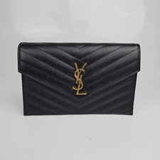 SAINT LAURENT Cassandre Envelope Black/Gold Grained Leather Chain Wallet New