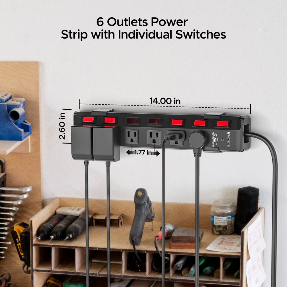 CRST Power Strip 6 Outlets Heavy duty 6 ft cord 1200J Surge Protector 15 Amp - Image 4 of 4