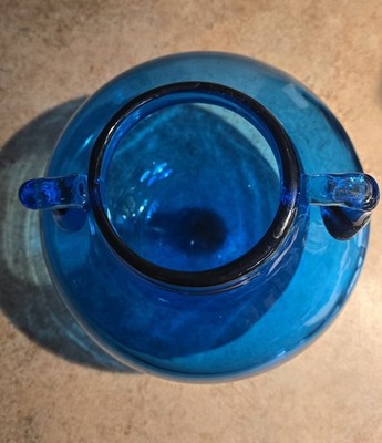Blue Blenko Glass Pre Designer #68 Rose Bowl Double Handle Vase w