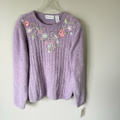 Vtg Alfred Dunner Soft Chenille Flower Embroidered Sweater XL Purple Preppy New