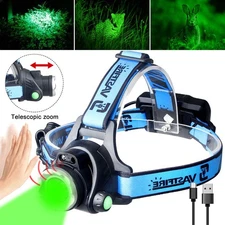Hunting Sensor Green LED Light Headlamp Zoom 3-Mode Headlight USB Charging Torch