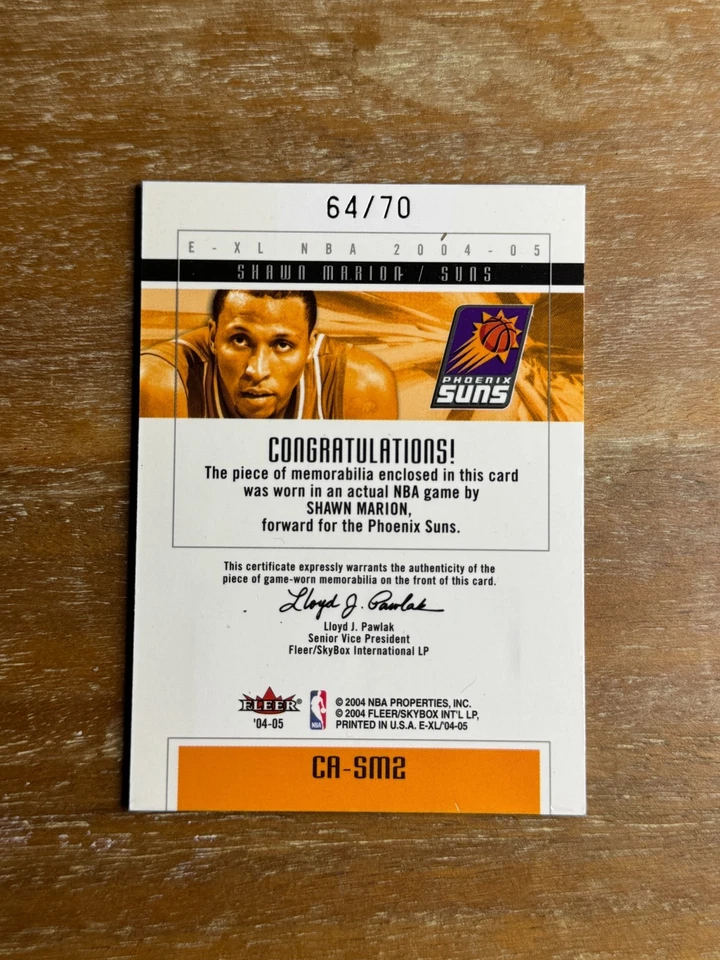 SHAWN MARION 2004-05 FLEER E-XL 法院授权比赛穿补丁/70 太阳 — 第 2/2 张图片