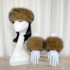 Faux Mink Fur Headband Cuffs Sets for Women,Elastic Hat Earwarmer Arm Warmer Set