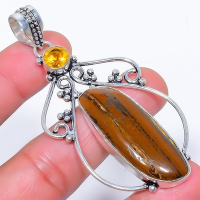 Natural Tiger'S Eye & Citrine 925 Silver Plated Jewelry Pendant 3.0'' S2682