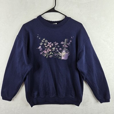 Vtg 90s Northern Reflections Navy Blue Floral Garden Scene Sparkle Sweatshirt M