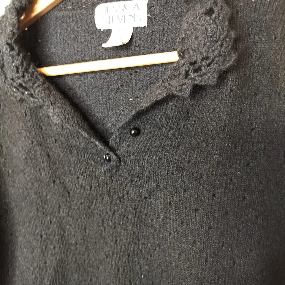 复古 Jessica Stevens 真丝安哥拉毛衣中号钩针装饰黑色柔软 — 第 4/4 张图片