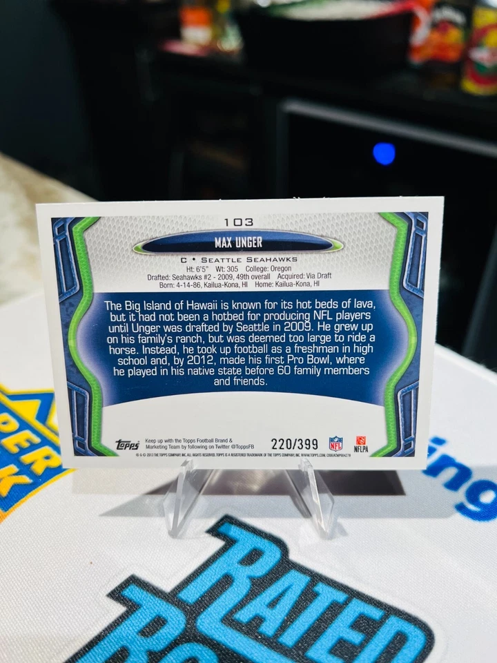 2013 Topps #103 Max Unger Seattle Seahawks PINK /399 - Image 2 of 2