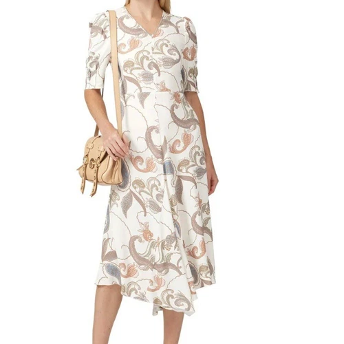 Women See By Chloe Paisley Midi V Neck Casual Dress in White Size EU 38 US 8