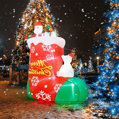 8ft Bear Sitting On The Sock Outdoor Xmas Inflatable Lighted Yard Decoration