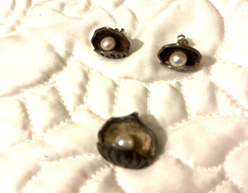 Vintage and Rare Sterling Silver Pearl Pendant and Earrings Set