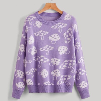 SHEIN EZwear Mushroom Pattern Drop Shoulder Sweater Purple Lilac