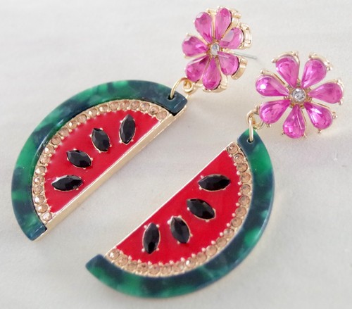 3" BETSEY JOHNSON DAISY FLOWER/ WATERMELON FRUIT RHINESTONE DROP DANGLE EARRINGS - Picture 12 of 17