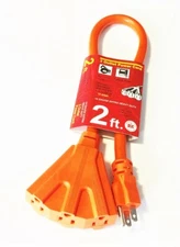 Heavy Duty 2FT 12/3 AWG Tri Tap 3 Way Extension Power Cord 12 Gauge 3 Outlet