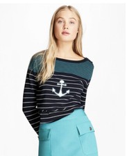 Brooks Brothers Women s Cotton Anchor Sweater Striped Navy-Teal Nautical Sz XS