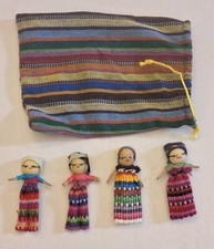 Set Of 4 Four Guatemalan Cloth Worry Dolls With Cloth Pouch