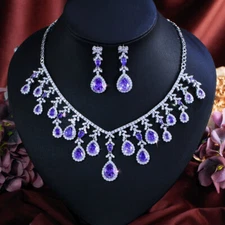 Purple Cubic Zirconia Drop Dangle Earring Necklace Jewelry Set for Bride Wedding