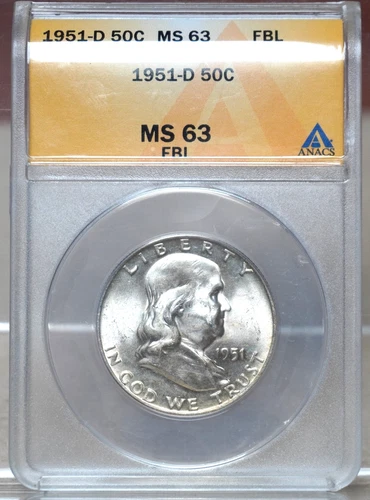 1951-D FRANKLIN HALF DOLLAR ANACS MS63 FBL 4362695