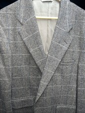 Vintage Evan-Picone Pure Wool Tweed Blazer Grey Herringbone Windowpane Mens 42R