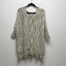 Umgee Gray Ivory Short Sleeve Oversized Cozy Soft Fringe Pullover Sweater M/L