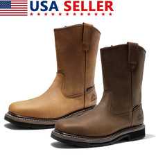 Men's Western Steel Toe Boots Waterproof Leather Pull On Farm Shoes