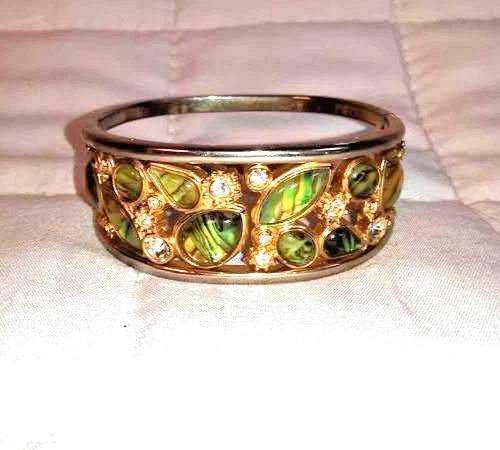 Brazalete brazalete brazalete con bisagras tono dorado y plateado concha de abulón pedrería Foto 2 de 4