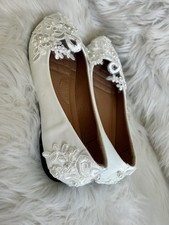 White Lace Pearl Bridal Ballet Flats EU 41 US 9.5 Wedding Shoes Barely Worn