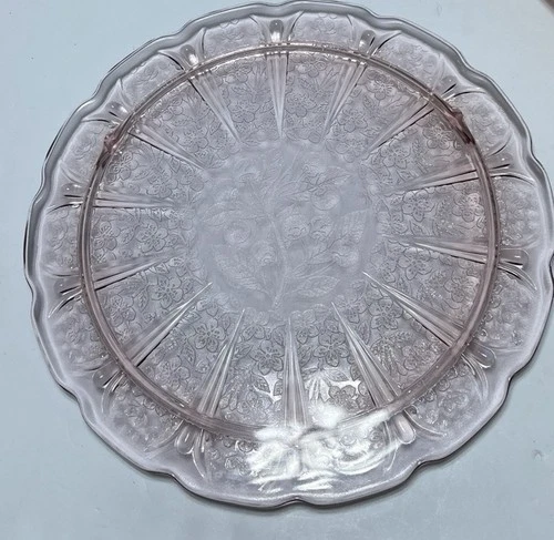 Jeanette "Cherry Blossom" 3 footed 10" Cake Plate Pink Depression Glass