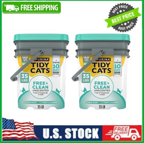 2 PACK Purina Tidy Cats Free & Clean Unscented Cat Litter, Low Dust, 35 lb. Pail