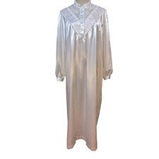Vtg 80s Nicole Traditional Nightgown maxi M White Lace Satin Flannel cottage