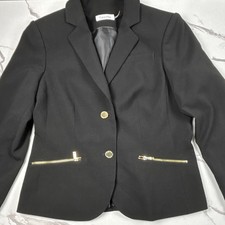 Calvin Klein Women's Black Notch Lapel Two-Button Blazer Gold Zipper Detail
