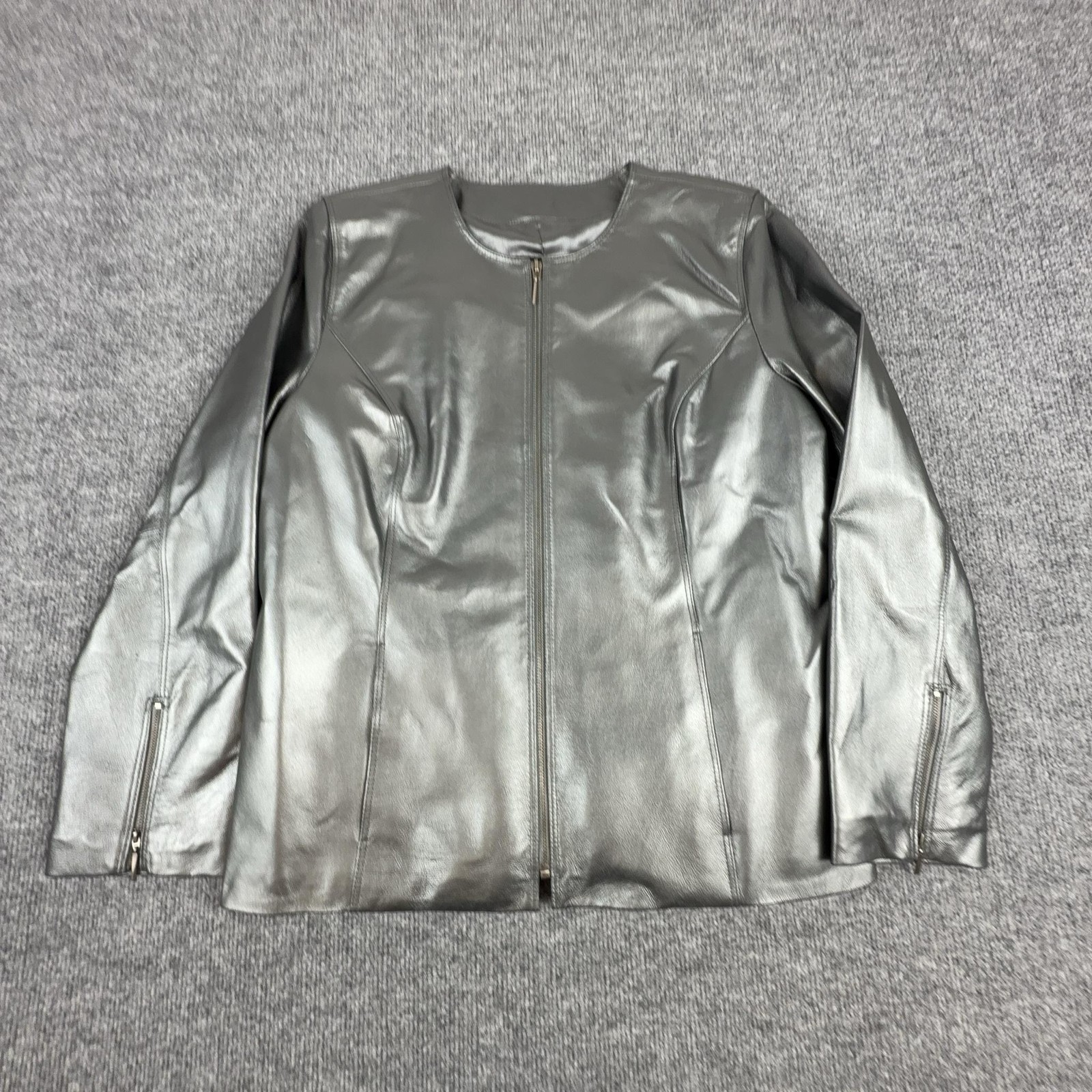 Terry Lewis Leather Jacket Womens Medium Silver Collarless Zip Front Lined