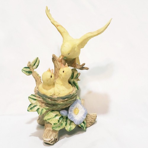 Yellow Mother Bird Feeding Baby Chicks in Nest Figurine 8" Vintage Porcelain