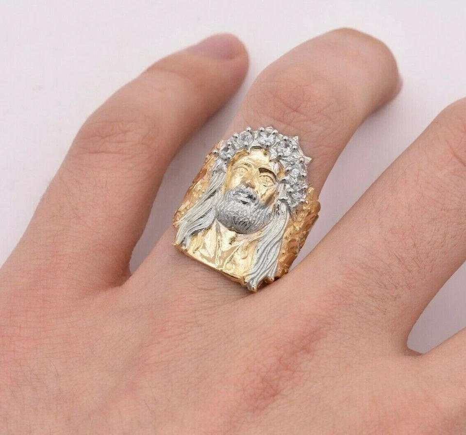 Anillo pepita cabeza de Jesús grande para hombre circonita cúbica real sólido oro amarillo blanco de 10K Foto 3 de 4