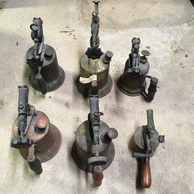Lot of 6 Antique Brass Blowtorches (Craftsman, Lenk, Schaefer & Beyer, Turner)