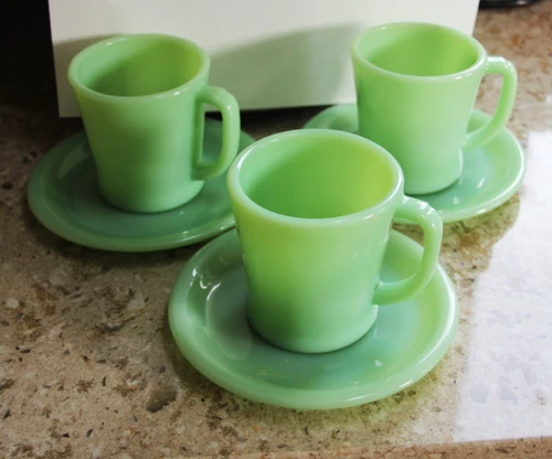 3 Vtg Fire King Jadeite D Handle Coffee Cup Mugs & Saucers  Green Glass 1950s