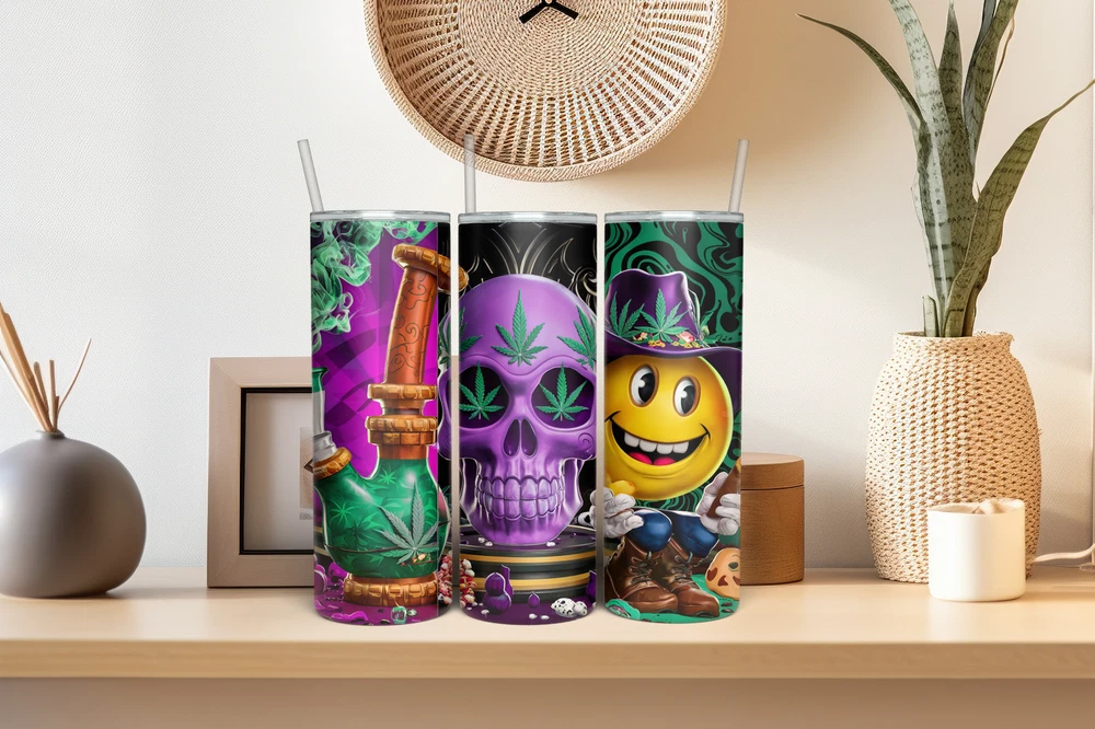 Tumbler Skinny 20oz  w/ Lid & Straw  Weed Leaf Cannabis Marijuana 420