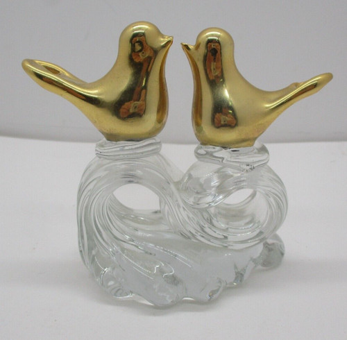 Vintage Gold Tone and Clear Glass Lovebirds Paperweight