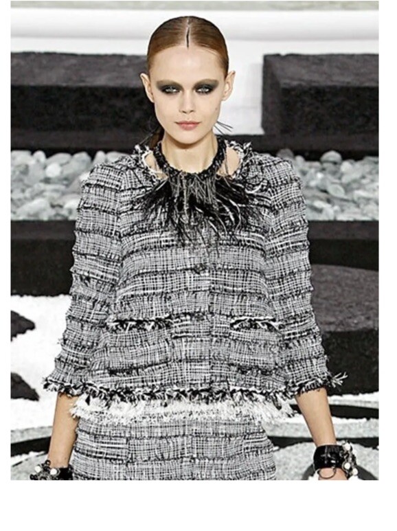 Authentic Chanel 2011 Runway Black White Tweed Feather CC