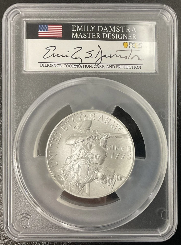 2023-P U.S. Army Matte 2.5 Oz Ag PCGS MS70 Advanced Release Damstra Signed - Image 2 of 2