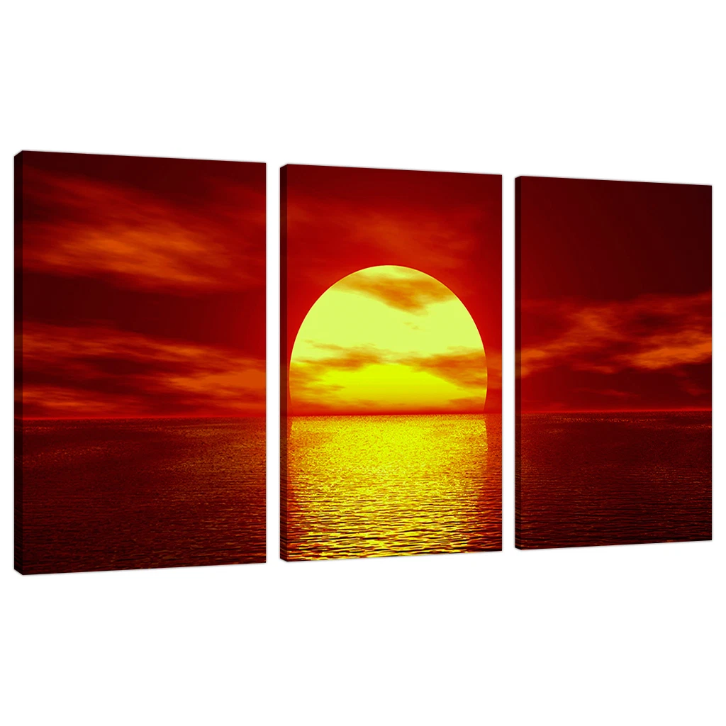 Set of 3 Piece Red Canvas Wall Art Pictures UK Sunset Living Room 3001