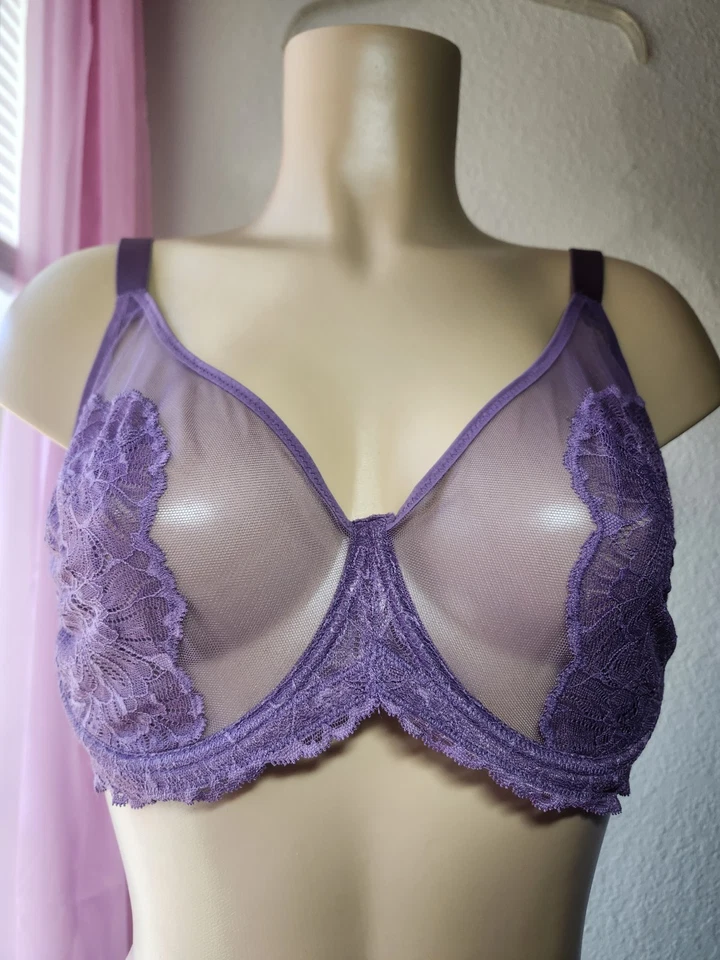 HSIA Unlined Lace Mesh Underwire Bra 36DDD Purple NWOT - Image 3 of 4