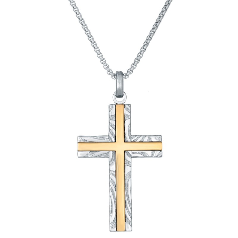Yellow Gold Plated Stainless Steel Cross Pendant Necklace - 24 Inch Box Chain