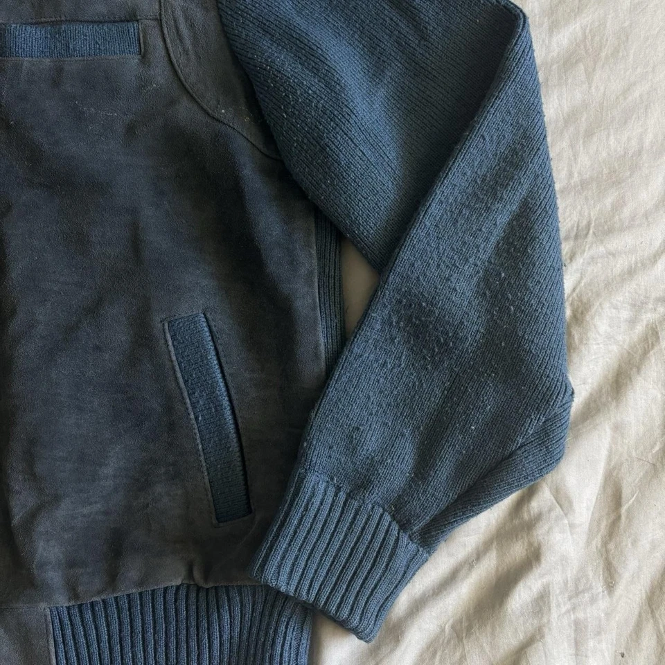 Vintage 70s Blue Leather and Knit Bomber Jacket Men’s Large - Image 4 of 4