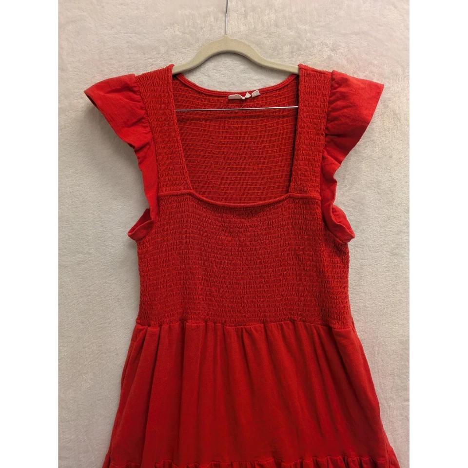 Maxi Vestido Lucky Brand Rojo Calado en Niveles Mangas Volantes Algodón XL Foto 2 de 4