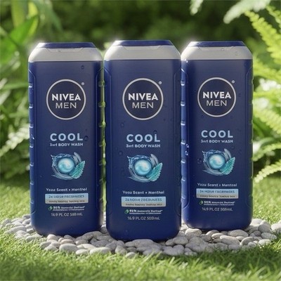 NIVEA Men Cool 3-in-1 Body Wash Body Face Hair Yuzu Menthol 16.9 fl oz 3pk