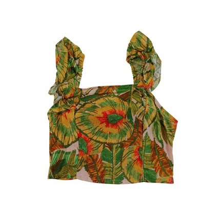 Cynthia Rowley Tropical Palm Linen Blend Ruffle Crop Top Green Orange Size S