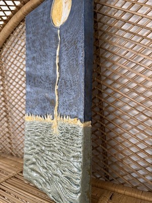 Moon Into Sea Ceramic Art Wall Sculpture Tile in Mirror Blue Glaze Beth Sherman