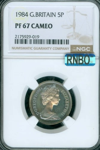 1984 GREAT BRITAIN 5 PENCE NGC PF67 CAMEO MAC RNBO OR RAINBOW GORGEOUS  .