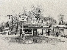 1988 Ink Original Art Drawing JOE'S SINCLAIR Gas Station Cape Cod? *signed*